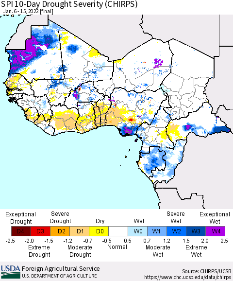 Western Africa SPI 10-Day Drought Severity (CHIRPS) Thematic Map For 1/6/2022 - 1/15/2022