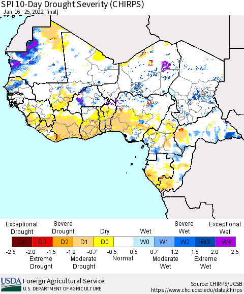 Western Africa SPI 10-Day Drought Severity (CHIRPS) Thematic Map For 1/16/2022 - 1/25/2022