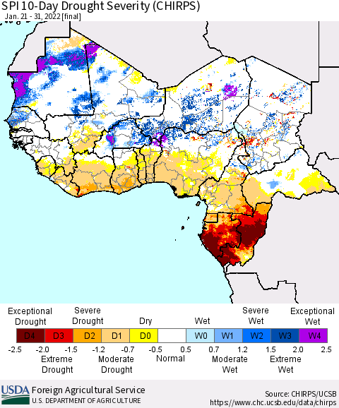 Western Africa SPI 10-Day Drought Severity (CHIRPS) Thematic Map For 1/21/2022 - 1/31/2022
