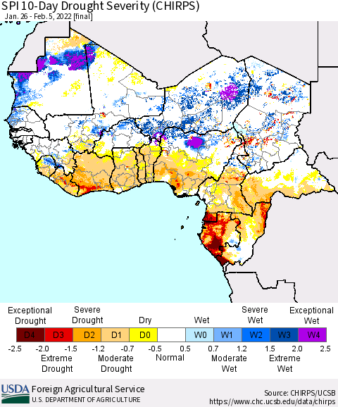 Western Africa SPI 10-Day Drought Severity (CHIRPS) Thematic Map For 1/26/2022 - 2/5/2022