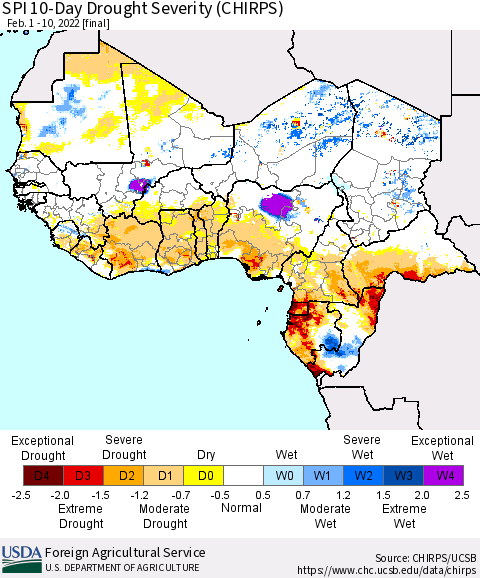 Western Africa SPI 10-Day Drought Severity (CHIRPS) Thematic Map For 2/1/2022 - 2/10/2022