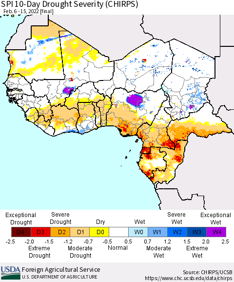 Western Africa SPI 10-Day Drought Severity (CHIRPS) Thematic Map For 2/6/2022 - 2/15/2022