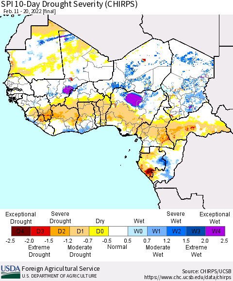 Western Africa SPI 10-Day Drought Severity (CHIRPS) Thematic Map For 2/11/2022 - 2/20/2022