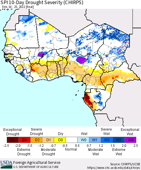 Western Africa SPI 10-Day Drought Severity (CHIRPS) Thematic Map For 2/16/2022 - 2/25/2022