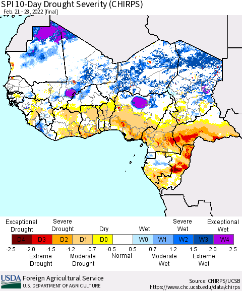Western Africa SPI 10-Day Drought Severity (CHIRPS) Thematic Map For 2/21/2022 - 2/28/2022