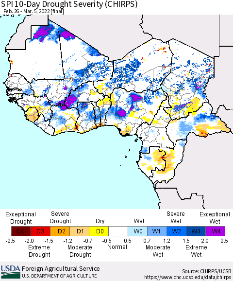 Western Africa SPI 10-Day Drought Severity (CHIRPS) Thematic Map For 2/26/2022 - 3/5/2022