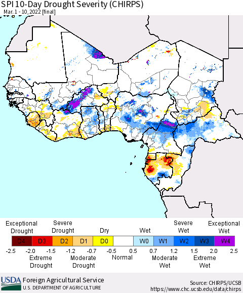 Western Africa SPI 10-Day Drought Severity (CHIRPS) Thematic Map For 3/1/2022 - 3/10/2022