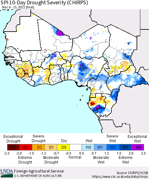 Western Africa SPI 10-Day Drought Severity (CHIRPS) Thematic Map For 3/6/2022 - 3/15/2022