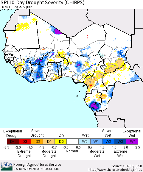 Western Africa SPI 10-Day Drought Severity (CHIRPS) Thematic Map For 3/11/2022 - 3/20/2022