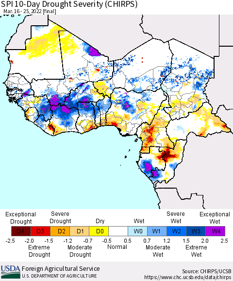 Western Africa SPI 10-Day Drought Severity (CHIRPS) Thematic Map For 3/16/2022 - 3/25/2022