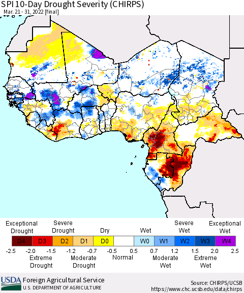 Western Africa SPI 10-Day Drought Severity (CHIRPS) Thematic Map For 3/21/2022 - 3/31/2022