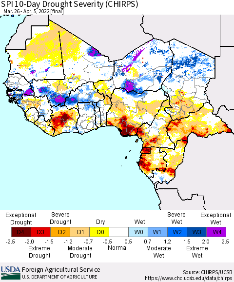 Western Africa SPI 10-Day Drought Severity (CHIRPS) Thematic Map For 3/26/2022 - 4/5/2022