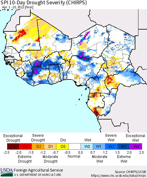 Western Africa SPI 10-Day Drought Severity (CHIRPS) Thematic Map For 4/1/2022 - 4/10/2022