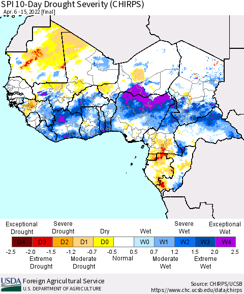 Western Africa SPI 10-Day Drought Severity (CHIRPS) Thematic Map For 4/6/2022 - 4/15/2022