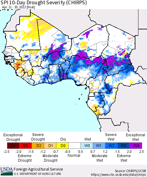 Western Africa SPI 10-Day Drought Severity (CHIRPS) Thematic Map For 4/11/2022 - 4/20/2022