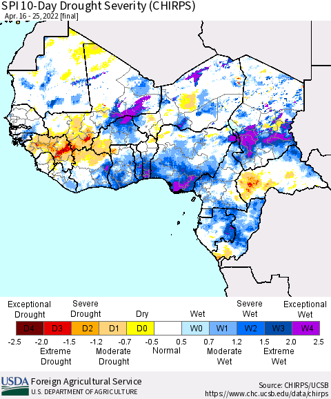 Western Africa SPI 10-Day Drought Severity (CHIRPS) Thematic Map For 4/16/2022 - 4/25/2022