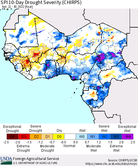 Western Africa SPI 10-Day Drought Severity (CHIRPS) Thematic Map For 4/21/2022 - 4/30/2022