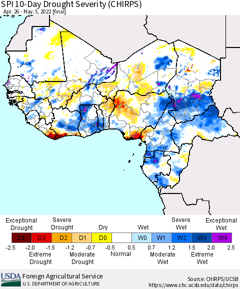 Western Africa SPI 10-Day Drought Severity (CHIRPS) Thematic Map For 4/26/2022 - 5/5/2022