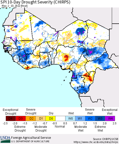 Western Africa SPI 10-Day Drought Severity (CHIRPS) Thematic Map For 5/1/2022 - 5/10/2022