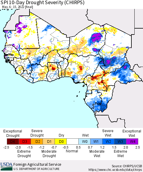 Western Africa SPI 10-Day Drought Severity (CHIRPS) Thematic Map For 5/6/2022 - 5/15/2022
