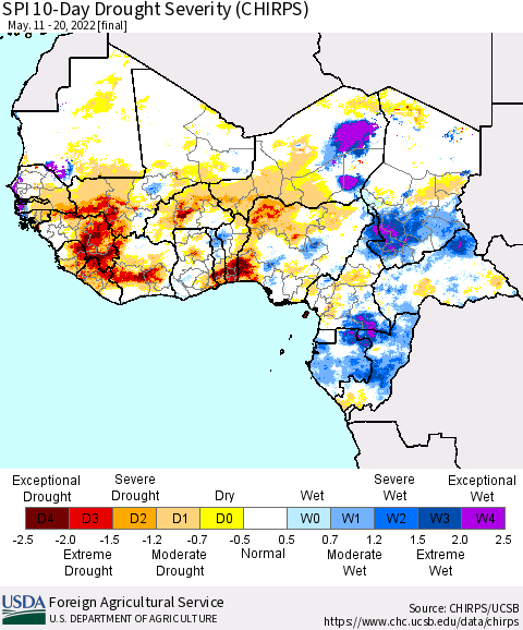 Western Africa SPI 10-Day Drought Severity (CHIRPS) Thematic Map For 5/11/2022 - 5/20/2022