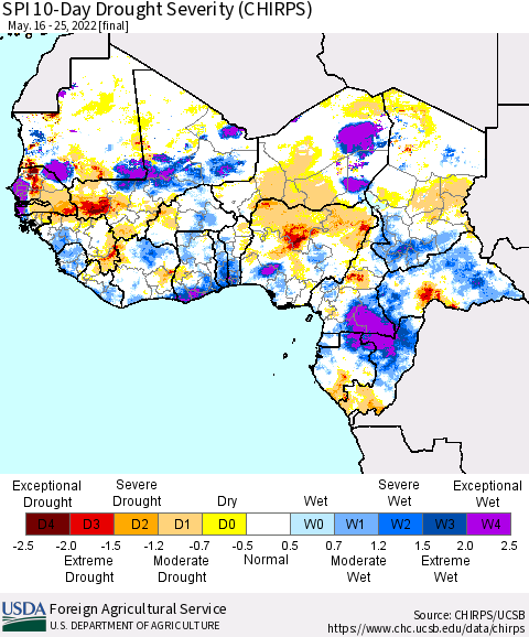 Western Africa SPI 10-Day Drought Severity (CHIRPS) Thematic Map For 5/16/2022 - 5/25/2022