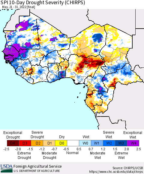 Western Africa SPI 10-Day Drought Severity (CHIRPS) Thematic Map For 5/21/2022 - 5/31/2022