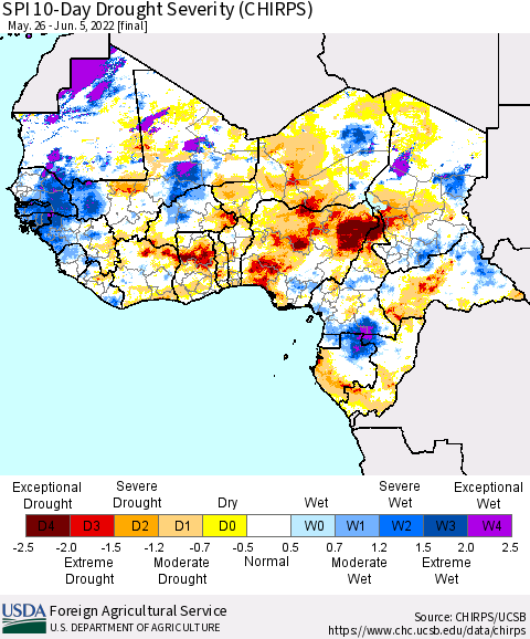 Western Africa SPI 10-Day Drought Severity (CHIRPS) Thematic Map For 5/26/2022 - 6/5/2022