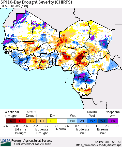 Western Africa SPI 10-Day Drought Severity (CHIRPS) Thematic Map For 6/1/2022 - 6/10/2022
