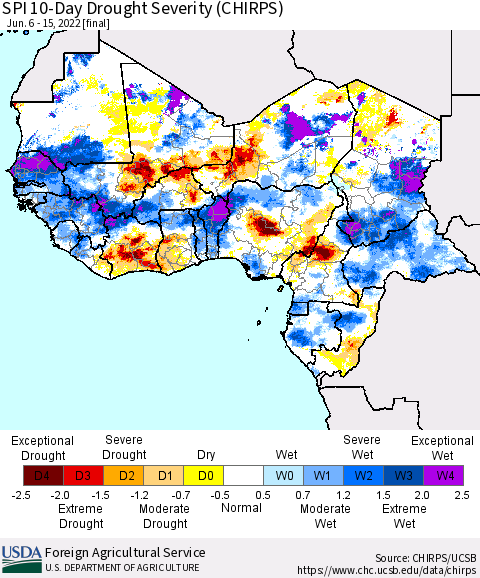 Western Africa SPI 10-Day Drought Severity (CHIRPS) Thematic Map For 6/6/2022 - 6/15/2022