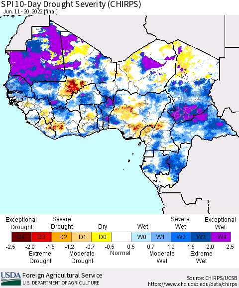 Western Africa SPI 10-Day Drought Severity (CHIRPS) Thematic Map For 6/11/2022 - 6/20/2022