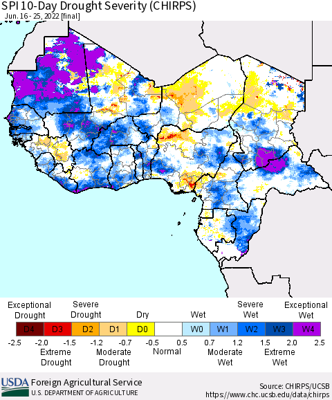 Western Africa SPI 10-Day Drought Severity (CHIRPS) Thematic Map For 6/16/2022 - 6/25/2022