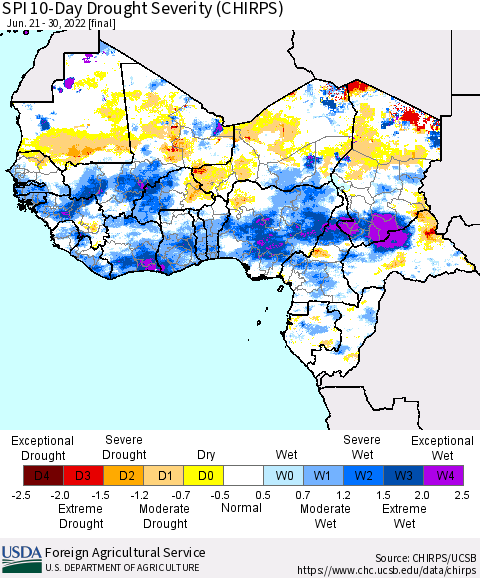 Western Africa SPI 10-Day Drought Severity (CHIRPS) Thematic Map For 6/21/2022 - 6/30/2022