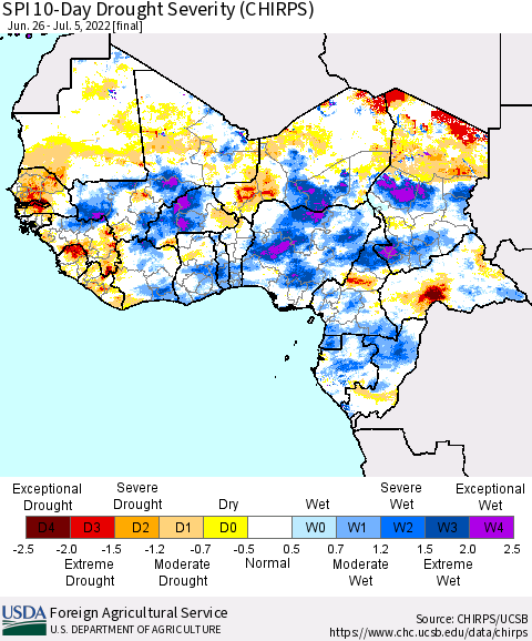 Western Africa SPI 10-Day Drought Severity (CHIRPS) Thematic Map For 6/26/2022 - 7/5/2022