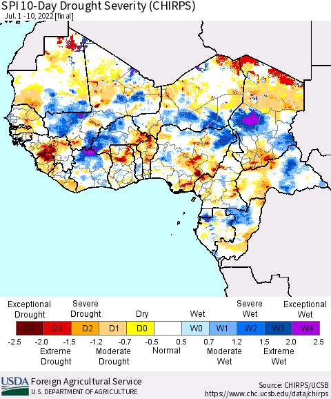 Western Africa SPI 10-Day Drought Severity (CHIRPS) Thematic Map For 7/1/2022 - 7/10/2022