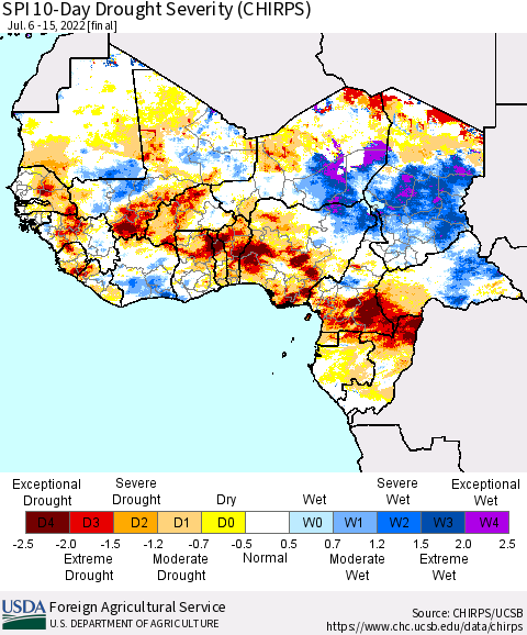 Western Africa SPI 10-Day Drought Severity (CHIRPS) Thematic Map For 7/6/2022 - 7/15/2022