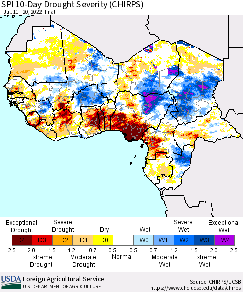 Western Africa SPI 10-Day Drought Severity (CHIRPS) Thematic Map For 7/11/2022 - 7/20/2022