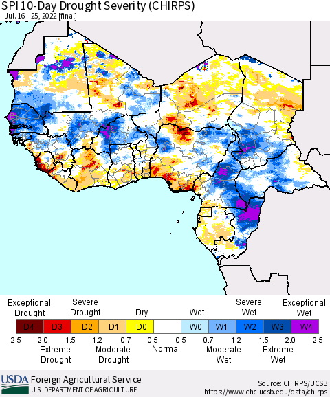 Western Africa SPI 10-Day Drought Severity (CHIRPS) Thematic Map For 7/16/2022 - 7/25/2022