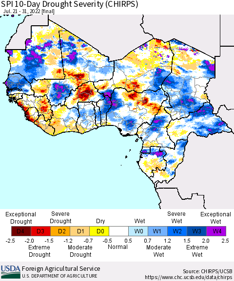Western Africa SPI 10-Day Drought Severity (CHIRPS) Thematic Map For 7/21/2022 - 7/31/2022