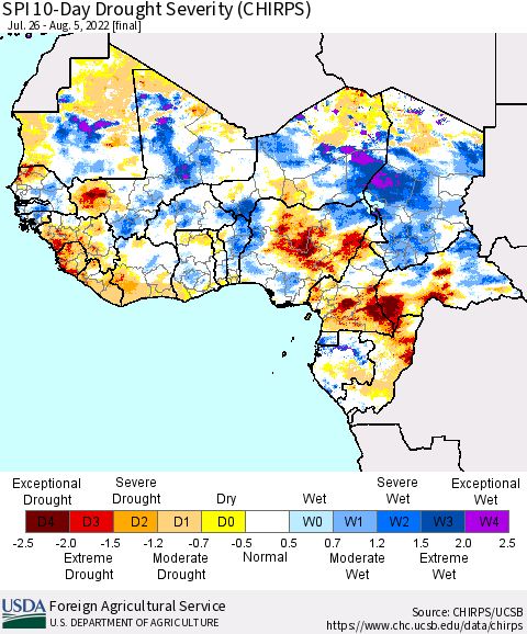 Western Africa SPI 10-Day Drought Severity (CHIRPS) Thematic Map For 7/26/2022 - 8/5/2022