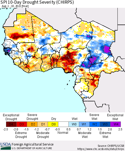 Western Africa SPI 10-Day Drought Severity (CHIRPS) Thematic Map For 8/1/2022 - 8/10/2022