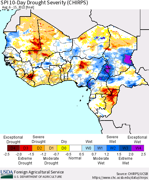 Western Africa SPI 10-Day Drought Severity (CHIRPS) Thematic Map For 8/6/2022 - 8/15/2022