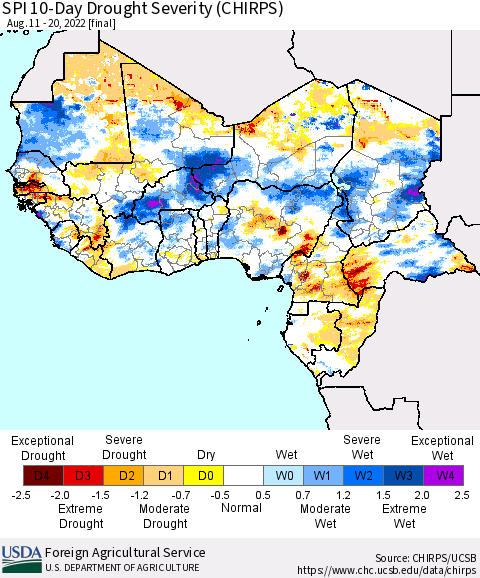 Western Africa SPI 10-Day Drought Severity (CHIRPS) Thematic Map For 8/11/2022 - 8/20/2022