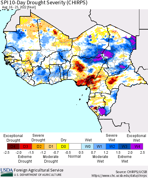 Western Africa SPI 10-Day Drought Severity (CHIRPS) Thematic Map For 8/16/2022 - 8/25/2022