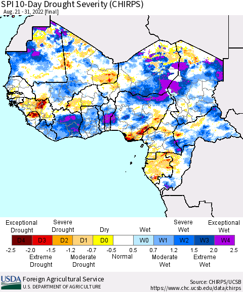 Western Africa SPI 10-Day Drought Severity (CHIRPS) Thematic Map For 8/21/2022 - 8/31/2022