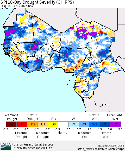 Western Africa SPI 10-Day Drought Severity (CHIRPS) Thematic Map For 8/26/2022 - 9/5/2022
