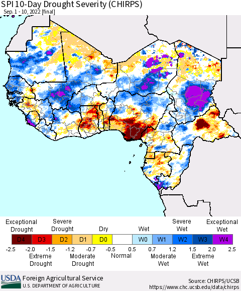 Western Africa SPI 10-Day Drought Severity (CHIRPS) Thematic Map For 9/1/2022 - 9/10/2022