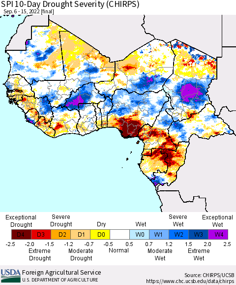 Western Africa SPI 10-Day Drought Severity (CHIRPS) Thematic Map For 9/6/2022 - 9/15/2022