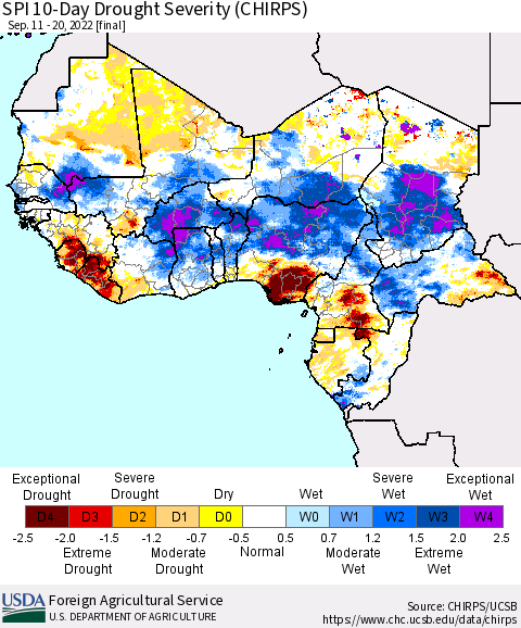 Western Africa SPI 10-Day Drought Severity (CHIRPS) Thematic Map For 9/11/2022 - 9/20/2022