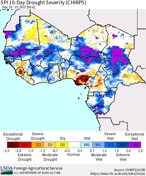 Western Africa SPI 10-Day Drought Severity (CHIRPS) Thematic Map For 9/16/2022 - 9/25/2022